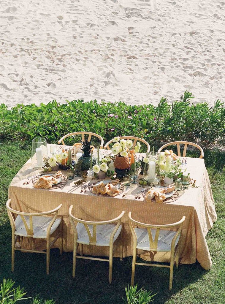 La foto aérea capta una mesa de comedor bellamente decorada situada en la exuberante zona de césped.